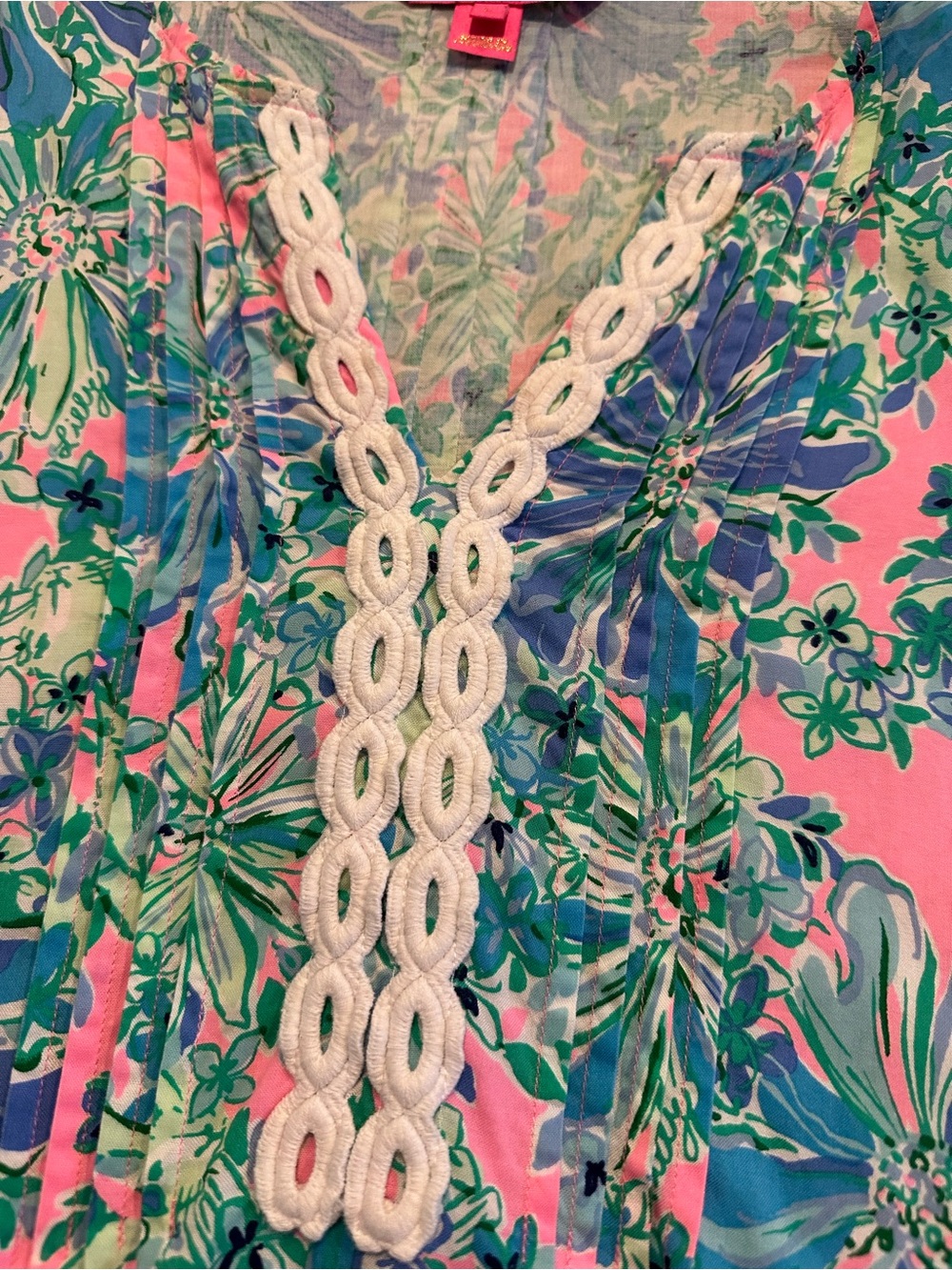 Lilly Pulitzer Pink, Blue & Green Floral V-Neck Tunic with Lace Trim - Picture 3 of 6